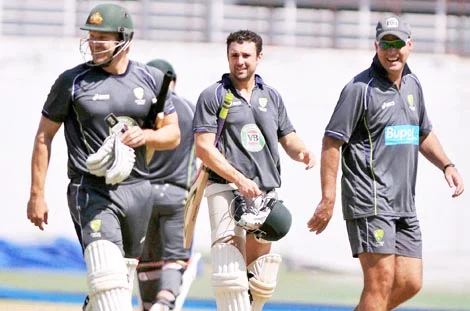 Australian cricketers during a practice session at Rajiv Gandhi International Cricket Stadium in Hyderabad on Wednesday.