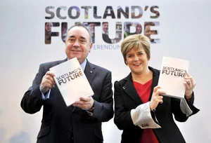 Scotland’s First Minister Alex Salmond and Deputy First Minister Nicola Sturgeon at the launch of their regional government’s “white paper”.