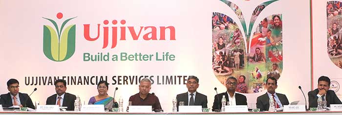 (L to R) Pritish Kandoi- ICICI Securities Limited, Sunil Amin- Kotak Mahindra Capital Company Limited, Sudha Suresh- CFO, Ujjivan Financial Services Limited, Samit Ghosh- Managing Director and CEO, Ujjivan Financial Services Limited, Ittira Davis- Head transition, Ujjivan Financial Services Limited, Jolly Zachariah, COO West, Ujjivan Financial Services Limited, Amit Jain- Axis Capital Limited, Nipun Goel – IIFL Holdings Limited at a press conference to announce the launch of its IPO issue