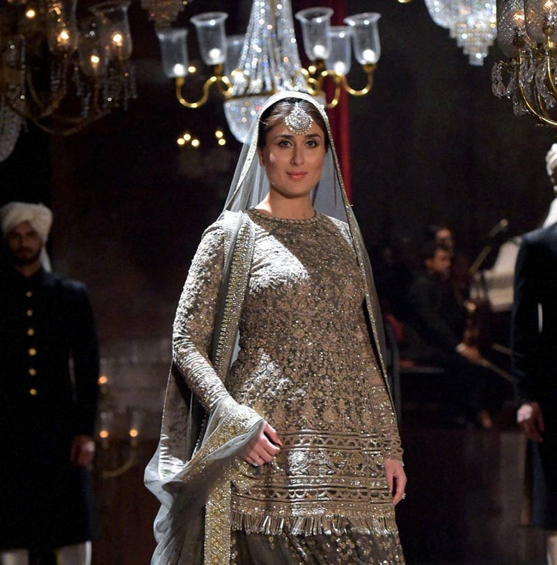 Mumbai: Bollywood actress Kareena Kapoor showcases a creation by designer Sabyasachi grand finale show of Lakme Fashion Week (LFW) Winter/Festive 2016 in Mumbai on Sunday. PTI Photo by Santosh Hirlekar