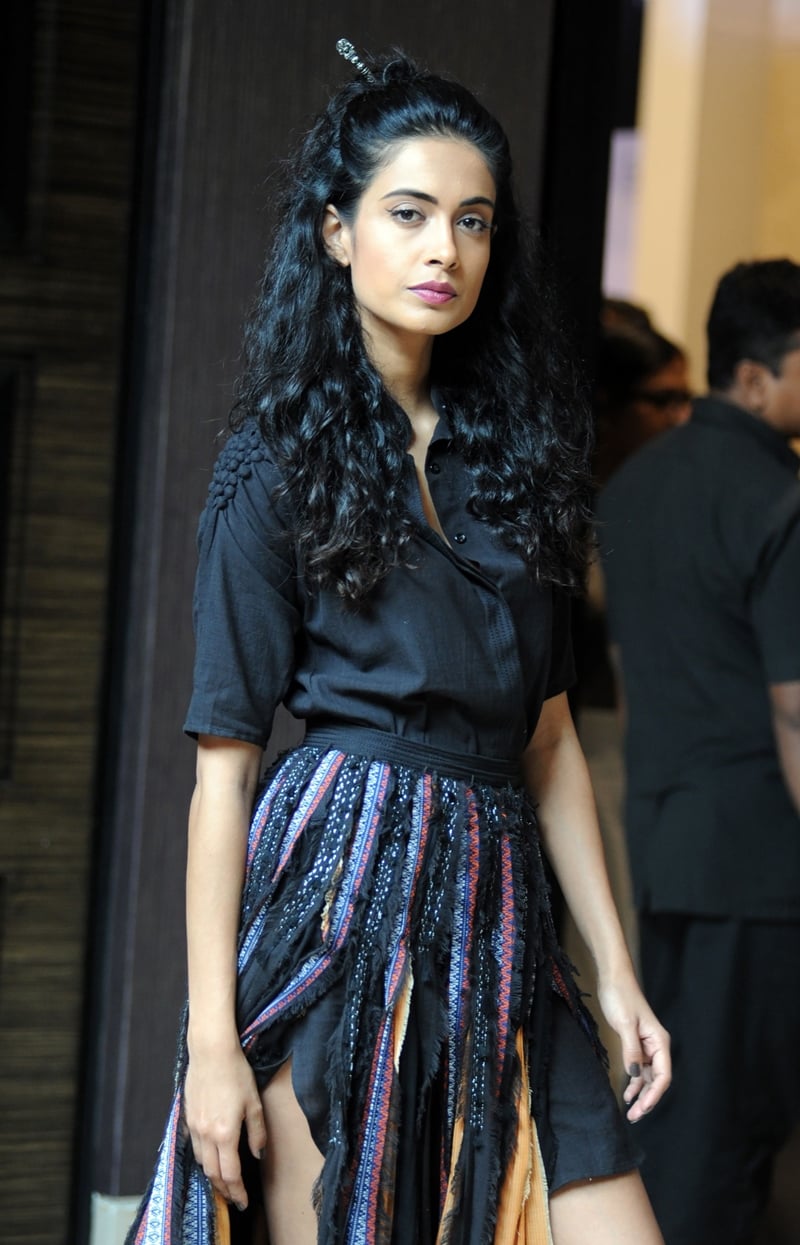 Indian Bollywood actress Sarah Jane Dias wears a creation by Aditi Holani Chandak
