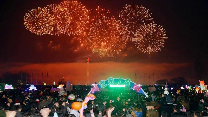 This picture from North Korea’s official Korean Central News Agency (KCNA) taken and released on January 1, 2018 shows fireworks ushering in the New Year in Pyongyang.