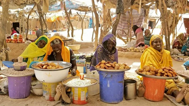 A market in the middle of a refugee camp in Chad