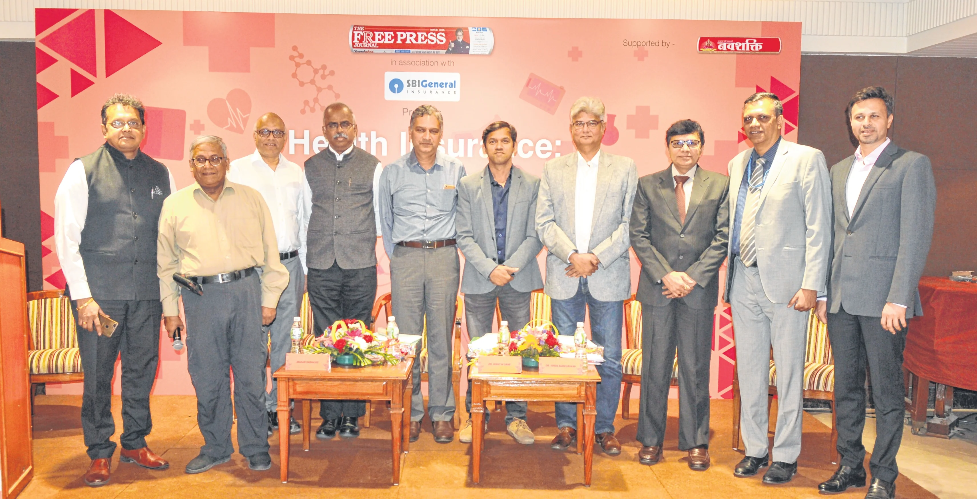 Left to right: Nikhil Apte, Chief Product Officer, Royal Sundaram General Insurance Co Ltd; R N Bhaskar, Consulting Editor; Ashok Karnani, Director, Free Press Journal; A Velumani, Founder & CMD, Thyrocare Ltd; Madan Sabnavis, Chief Economist, CARE Ratings Ltd; Dr Rohit Sane, MD & CEO, Madhavbaug; Dr. Hiren Ambegaonkar, CEO, S L Raheja Hospital; Pravin Swamy, CEO, Godrej Hospital; Bhaskar Nerurkar, Head, Health Administration Team, Bajaj Allianz General Insurance Co Ltd and Abhishek Karnani, Director, Free Press Journal after the panel discussion.