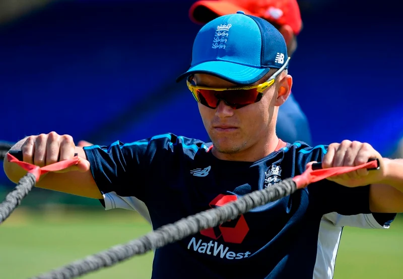 Sam Curran take part in a training session a day ahead of the 2nd T20 between the West Indies and England. Photo by Randy Brooks / AFP