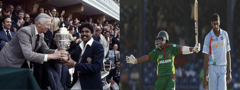 Kapil Dev with 1983 World Cup trophy (left); Bangladesh celebrate victory over India in 2007 (right)