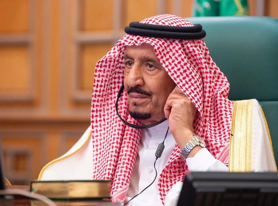 Saudi King Salman bin Abdulaziz al Saud attends the extraordinary G20 leaders' virtual summit in Riyadh, Saudi Arabia, March 26, 2020.