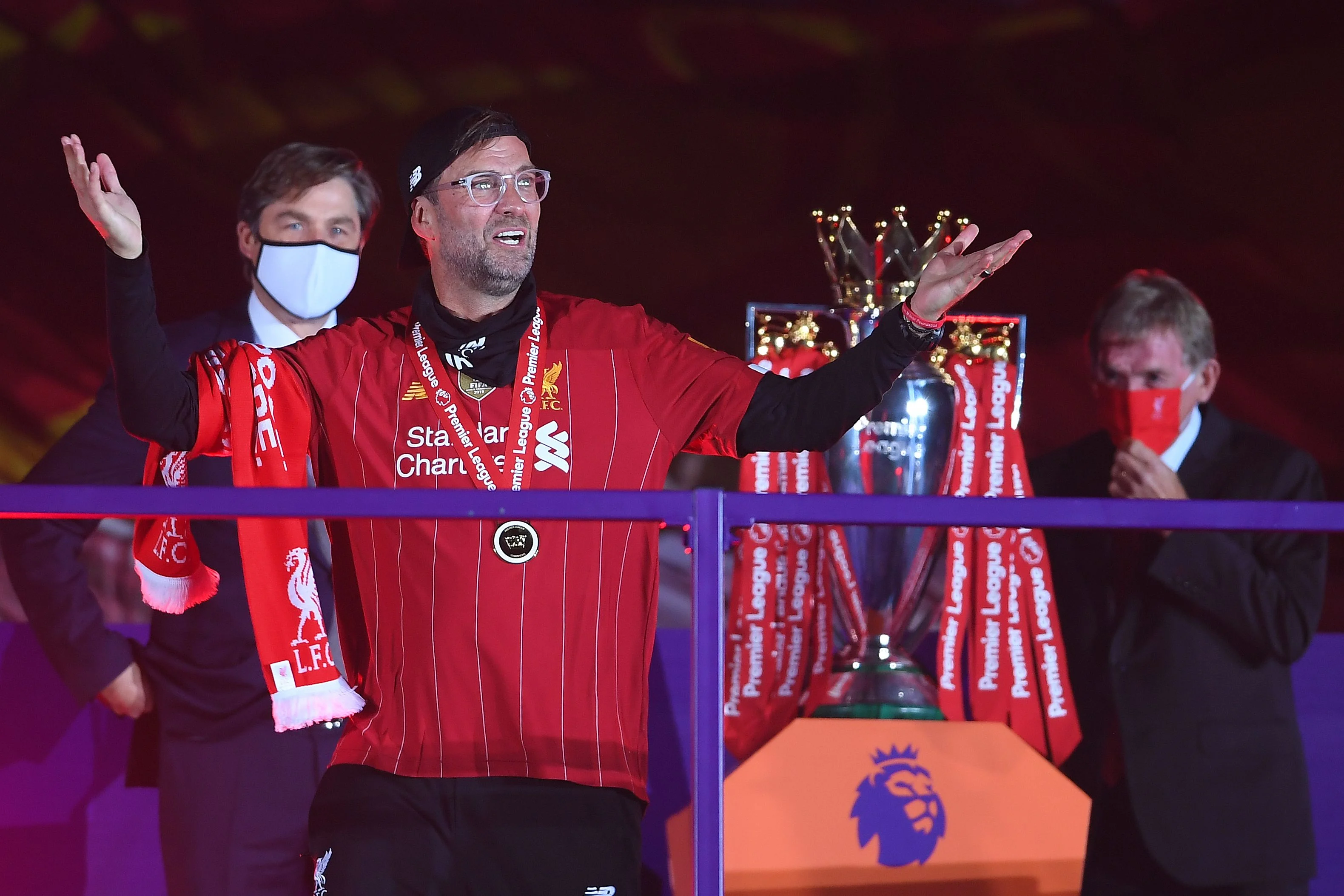 Liverpools German manager Jurgen Klopp reacts during the trophy presentation following the English Premier League football match between Liverpool and Chelsea at Anfield in Liverpool, north west England