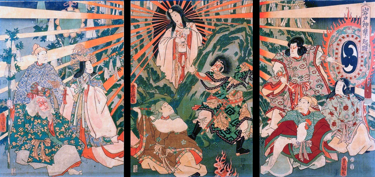 Japanese Sun goddess Amaterasu emerging from a cave.