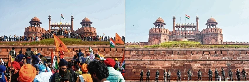In a combination of pictures, farmers gather at Red Fort as they continue to protest against the Centre’s farm laws on Tuesday (January 26) and (R) police stand guard at Red Fort in New Delhi on Wednesday.