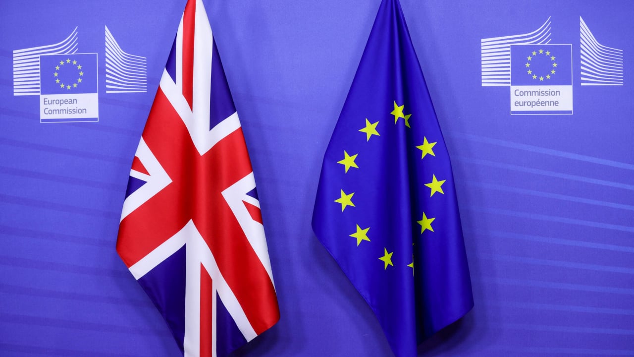 This file photograph taken on December 9, 2020, shows flags of the Union Jack and the EU ahead of the Britains Prime Ministers meeting on a post Brexit trade deal with the European Commission President, in Brussels. | AFP Photo