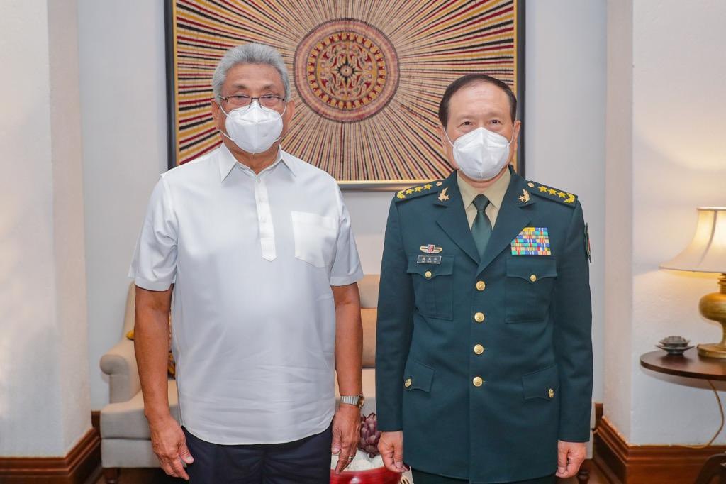 Sri Lankan President Gotabaya Rajapaksa (left) with China’s Minister of Defence General Wei Fenghe in Colombo on Wednesday