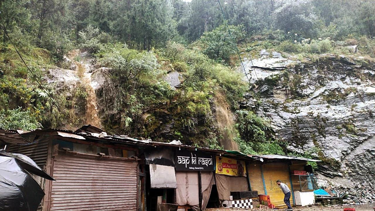 Debris from the hill damages shops after heavy rainfall, in Dehradun on Tuesday.