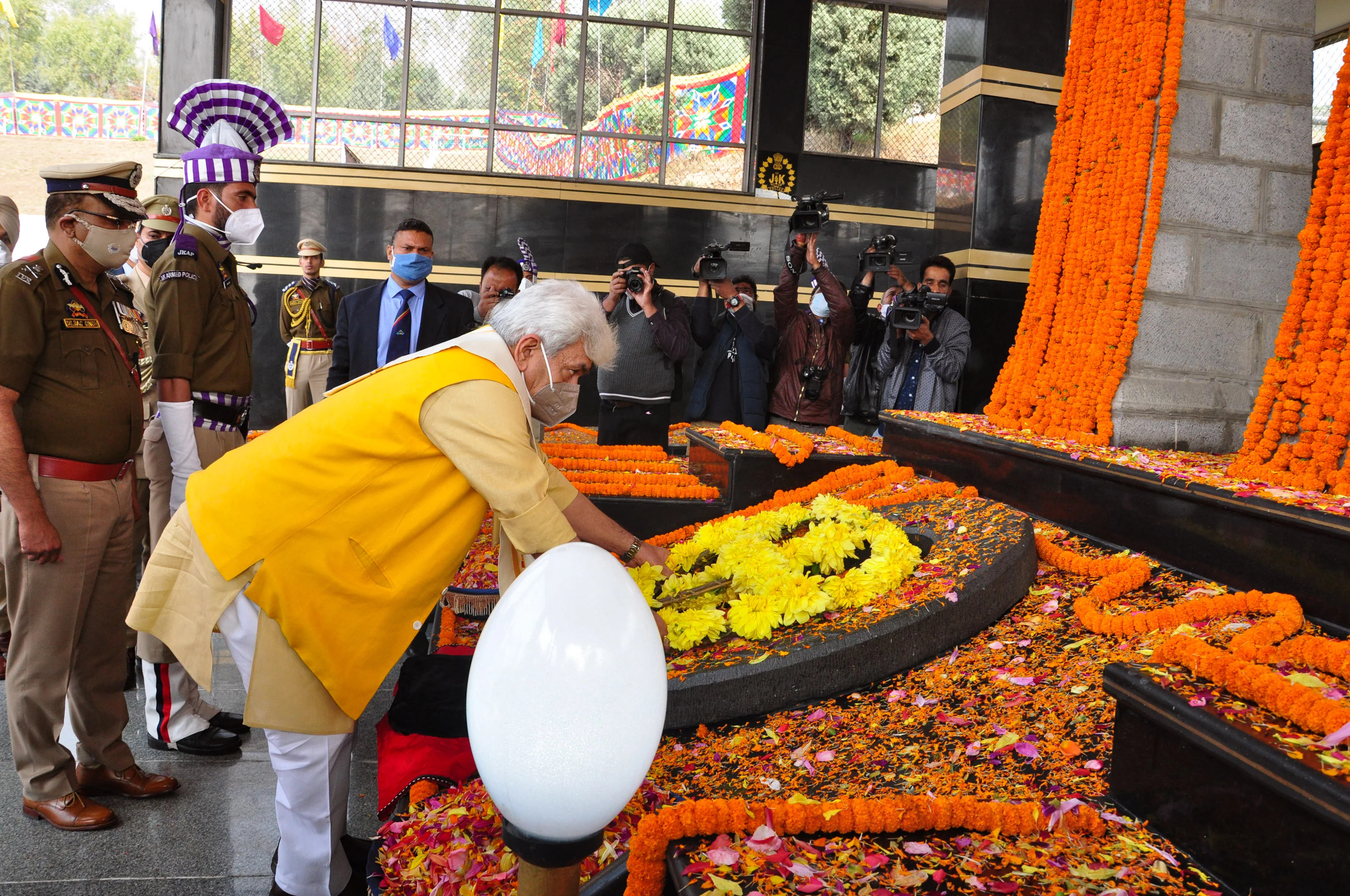Lieutenant Governor Manoj Sinha of the Union territory of Jammu and Kashmir, lays a floral wreath at the memorial during a ceremony to mark the National Police Commemoration Day at the Police Training Centre in Zewan on the outskirts of Srinagar, on Thursday 21 October 2021.