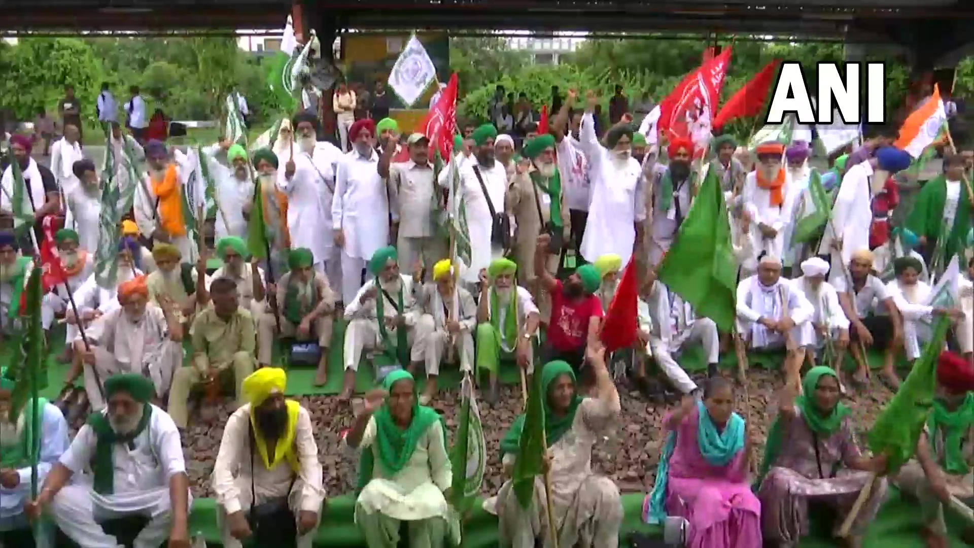 Protestors block railway tracks at Bahadurgarh, Haryana in protest against Lakhimpur Kheri incident.