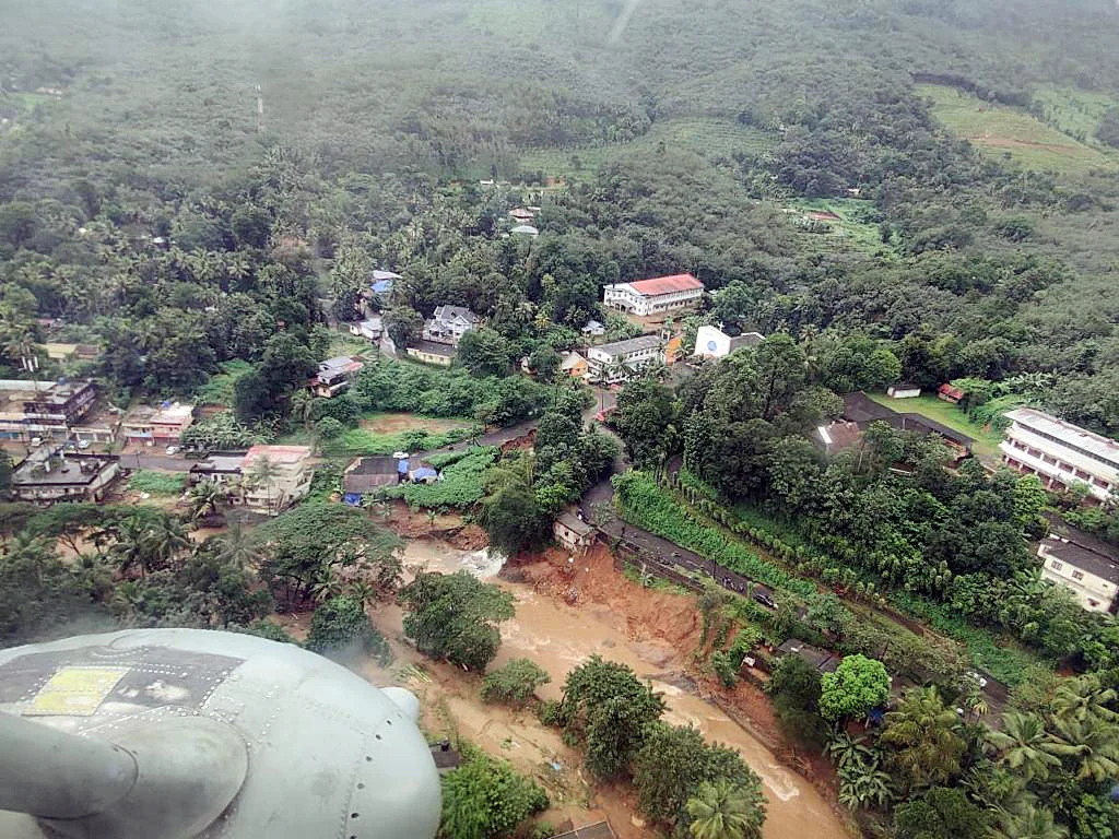 : An aerial perspective view of a landslide affected area, at Koottickal, in Kottayam on Sunday