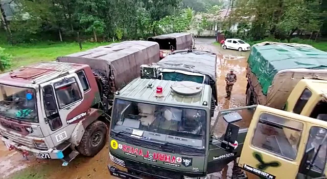 Kerala, Oct 17 (ANI): Army vehicles arrive for the search and rescue operation at a landslide affected area due to incessant rainfall, at Koottickal, in Kottayam on Sunday.