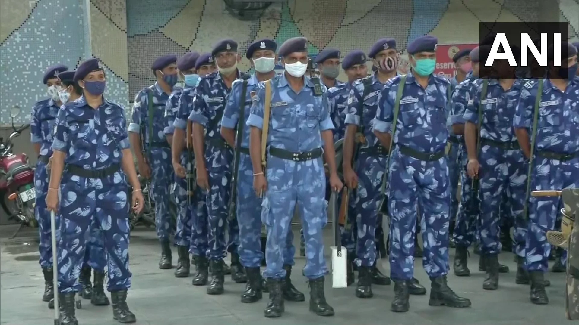 Rapid Action Force deployed at Sonipat Railway Station, Haryana in the wake of 'Rail roko' call by Samyukta Kisan Morcha in protest against Lakhimpur Kheri incident.
