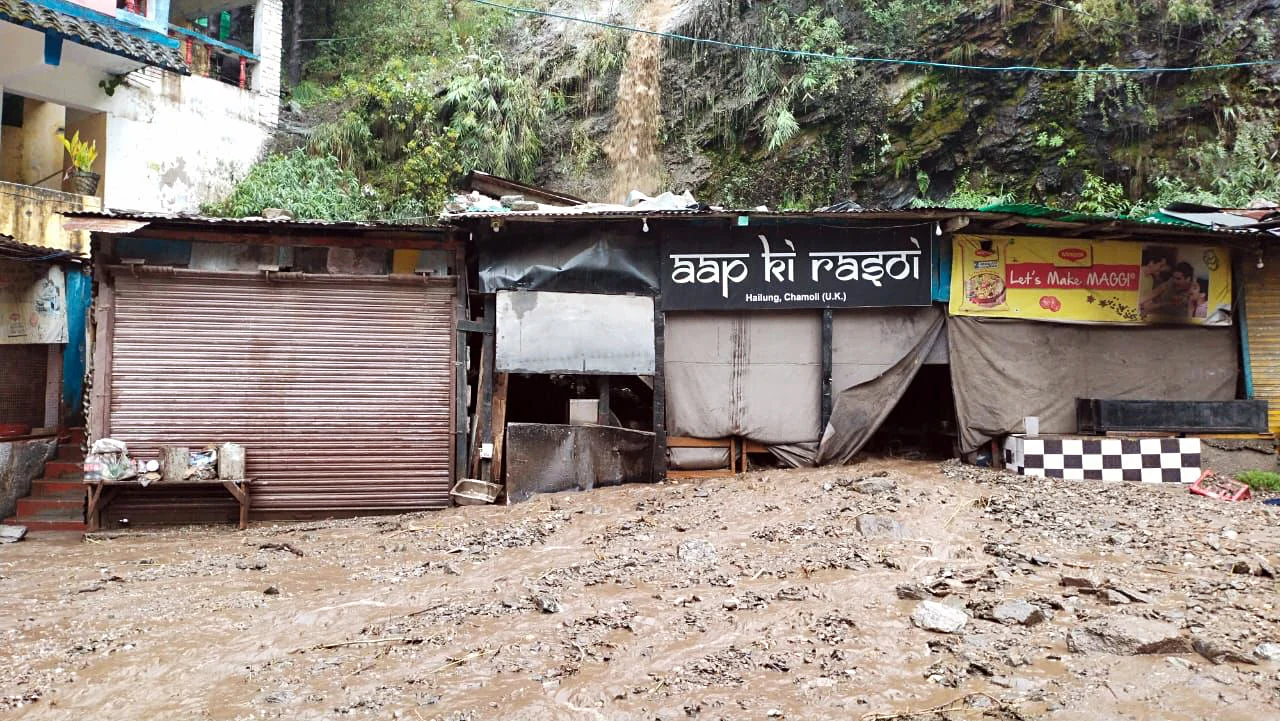 Uttarakhand, Oct 19 (ANI): Debris from the hill damages shops after heavy rainfall, in Dehradun on Tuesday. (ANI Photo)