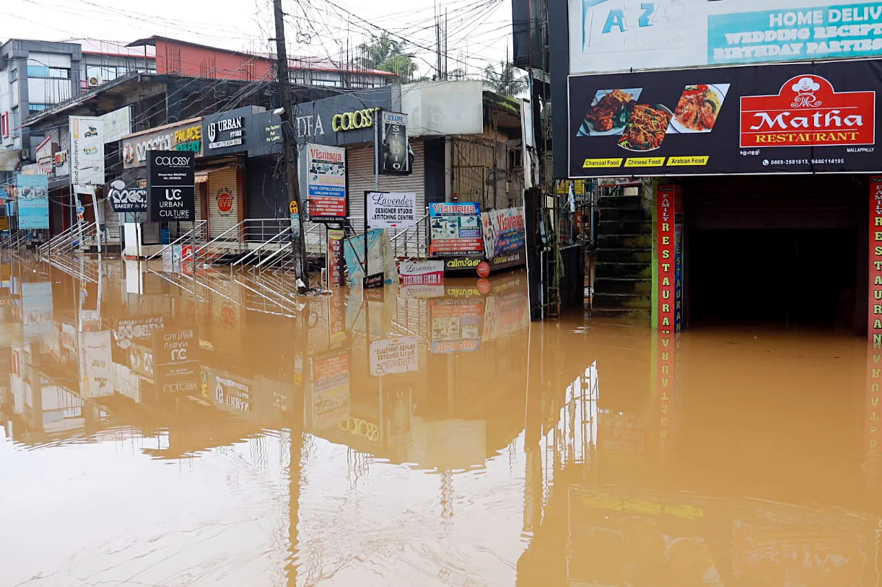 A view of the waterlogged street following incessant rainfall, in Mallappally on Sunday.