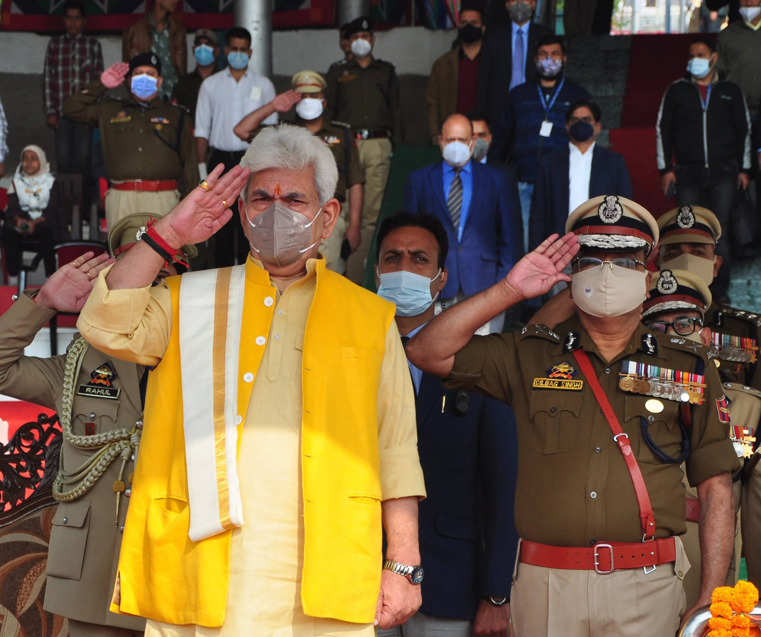Lieutenant Governor Manoj Sinha of the Union territory of Jammu and Kashmir, takes salutes during a ceremony that was held to mark the National Police Commemoration Day at the Police Training Centre in Zewan on the outskirts of Srinagar, on Thursday 21 October 2021.