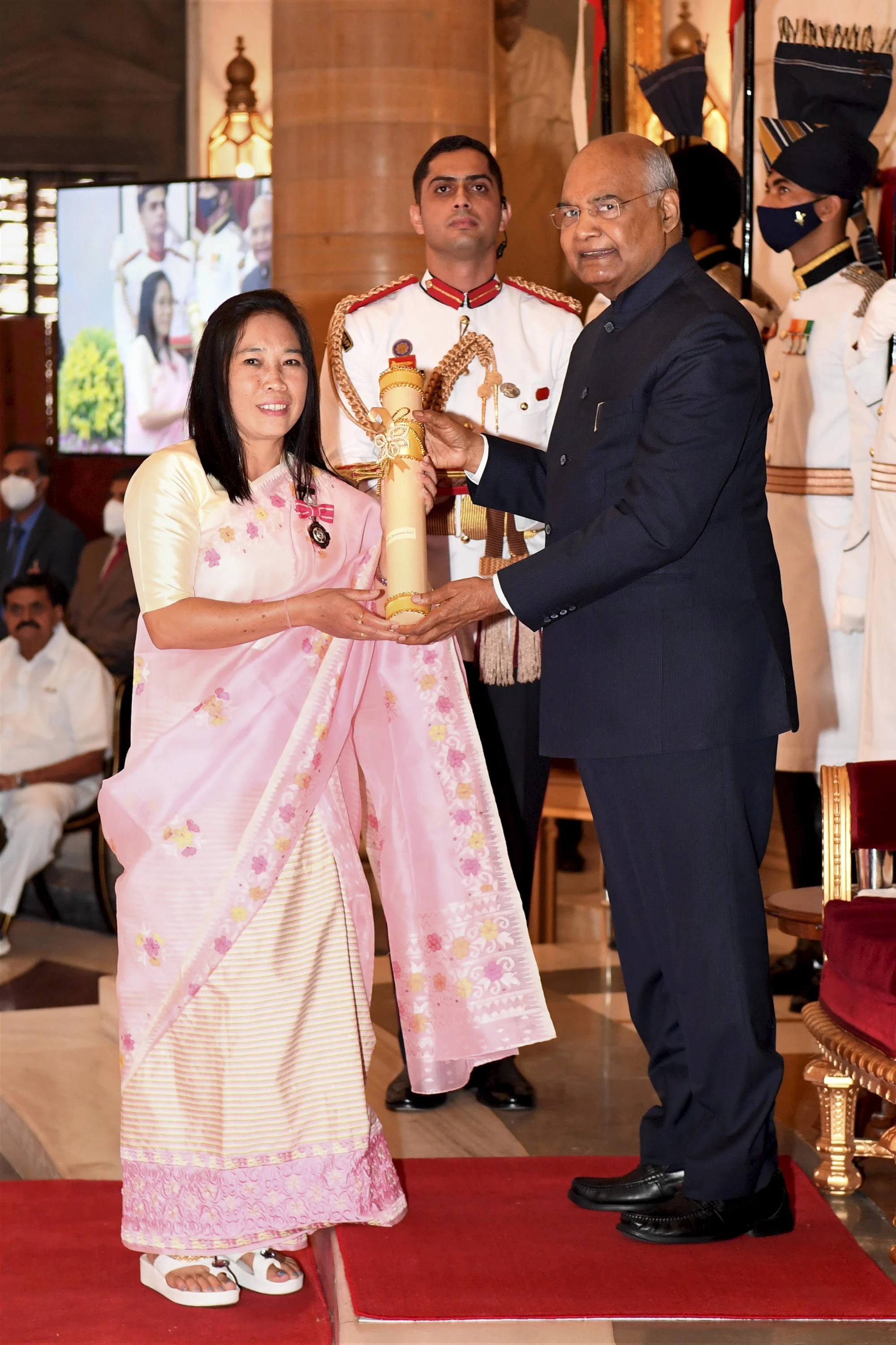President Ram Nath Kovind presents Padma Shri to Oinam Bembem Devi for Sports at Rashtrapati Bhavan in New Delhi. She is the former captain of the Indian womens football team and is also known as