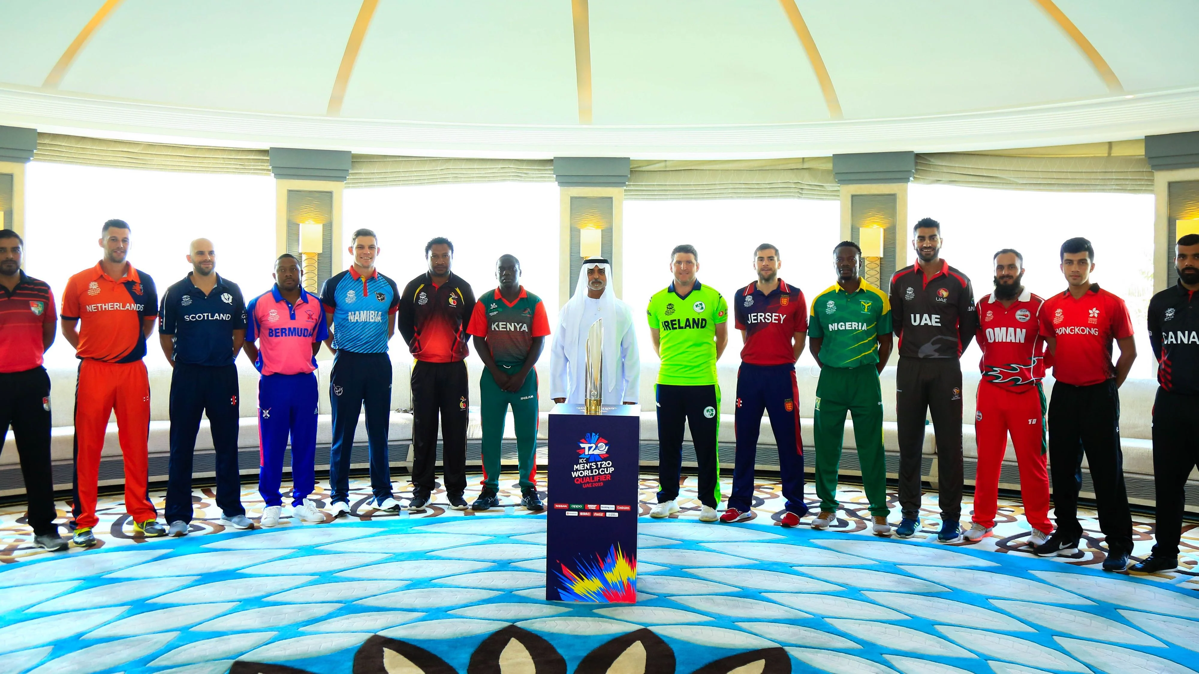 Captains line up before the ICC Men's T20 World Cup Qualifier, 2019.