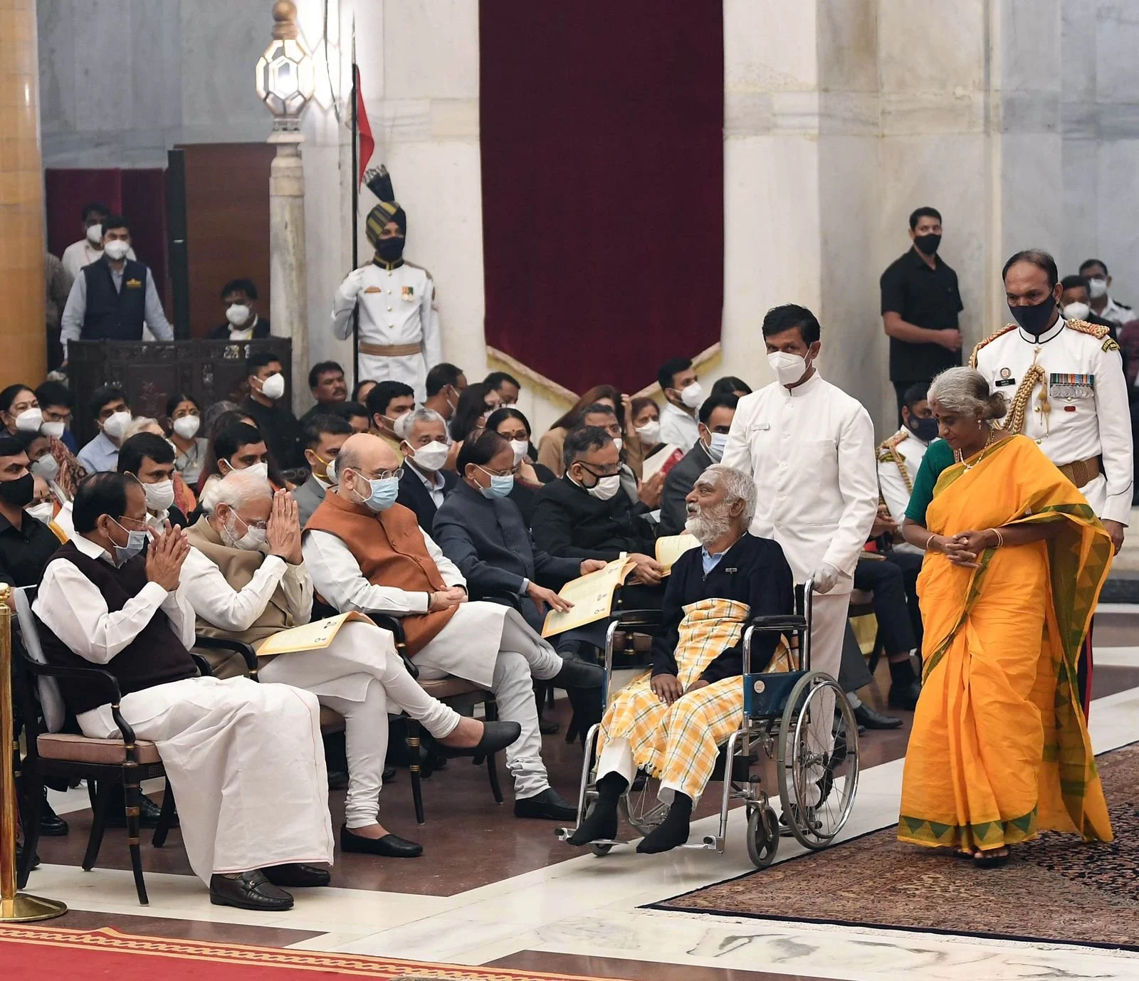 Prime Minister Narendra Modi interacts with the awardees during the Padma Shri Awards at Rashtrapati Bhavan, earlier today.