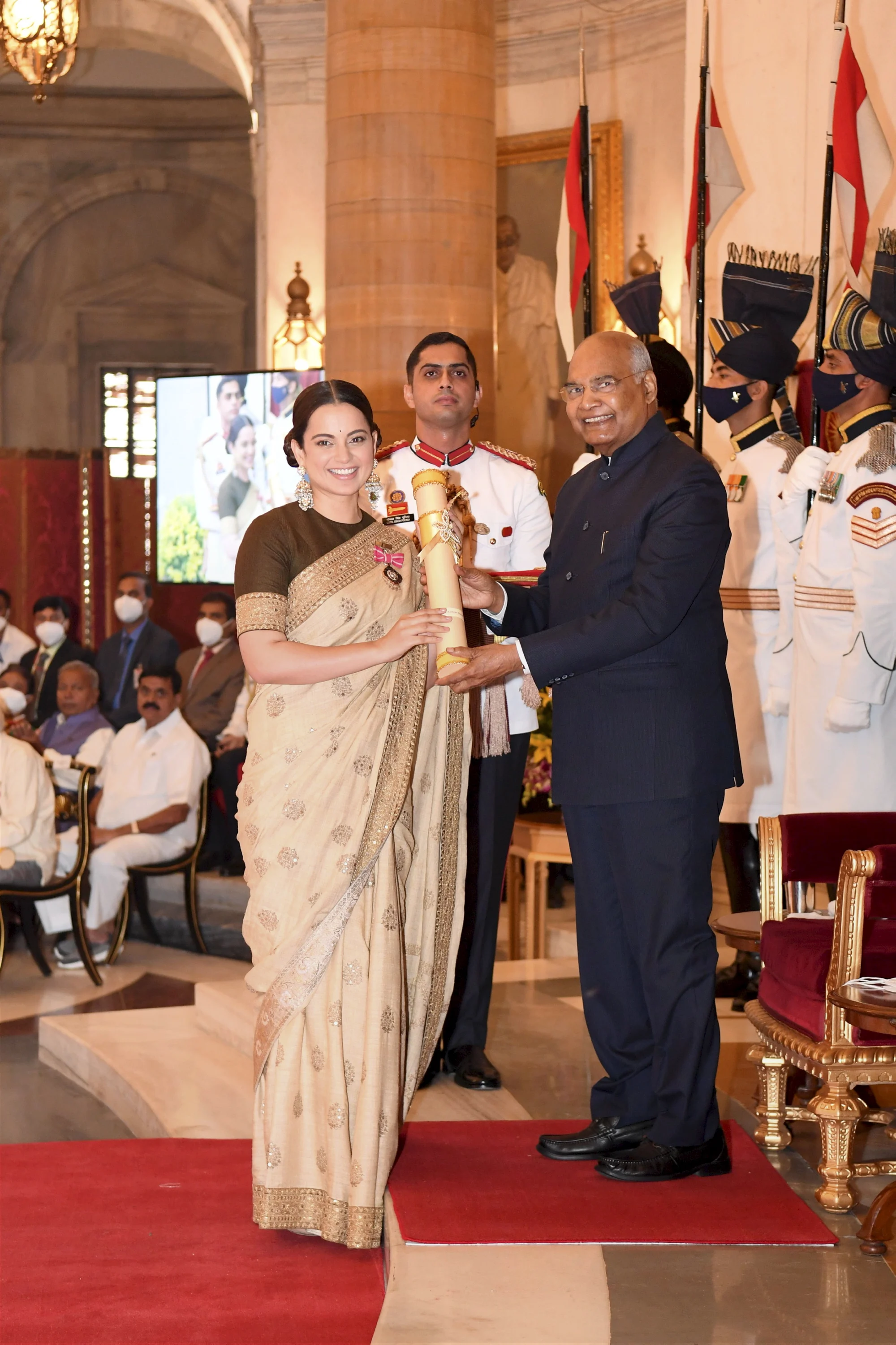 President Ram Nath Kovind presents Padma Shri to Bollywood actress Kangana Ranaut during a ceremony at the Rashtrapati Bhawan, in New Delhi, Monday, Nov. 8, 2021.