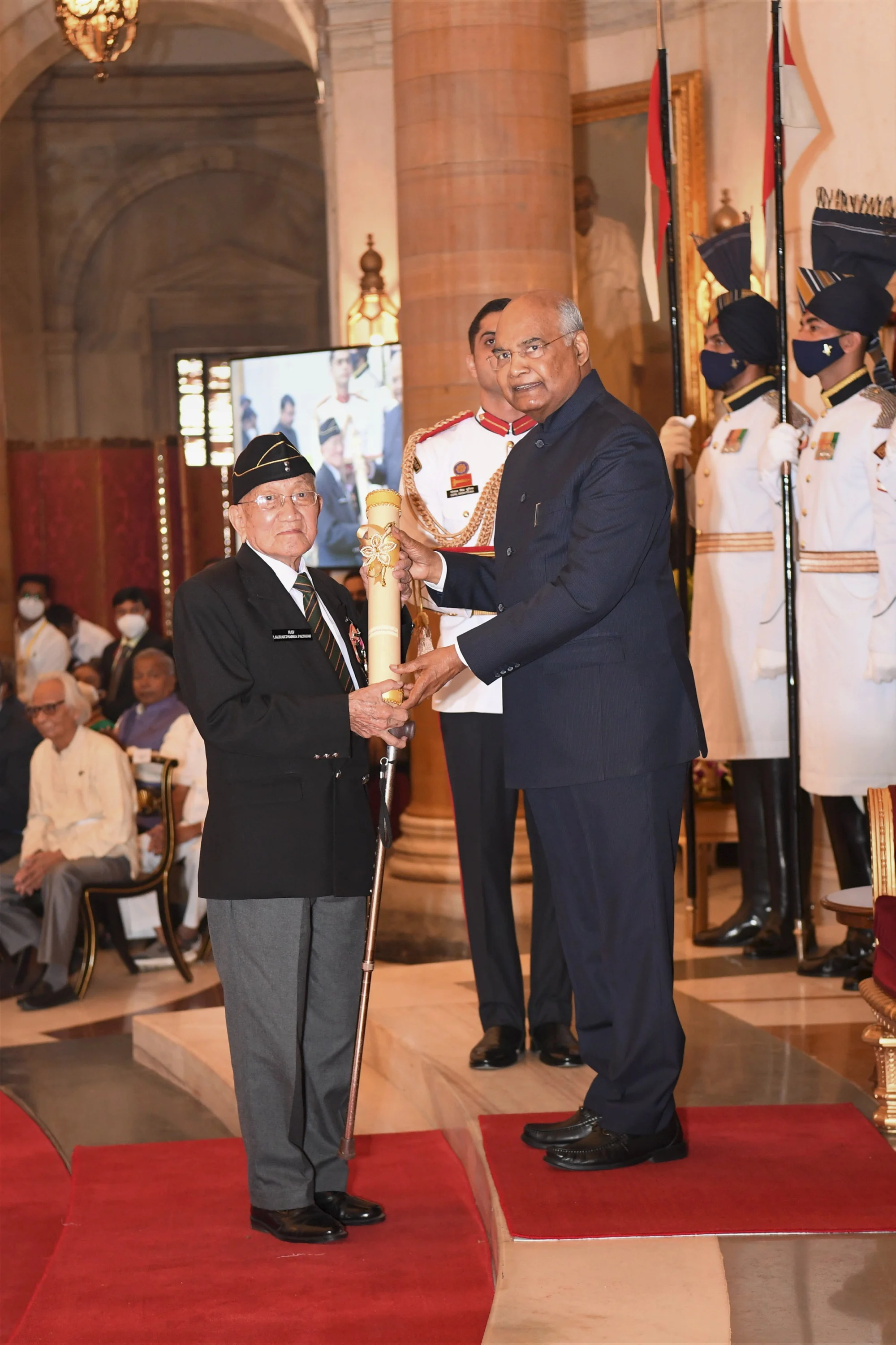 President Ram Nath Kovind presents Padma Shri to journalist Lalbiakthanga Pachuau during a ceremony at the Rashtrapati Bhawan, in New Delhi, Monday, Nov. 8, 2021.