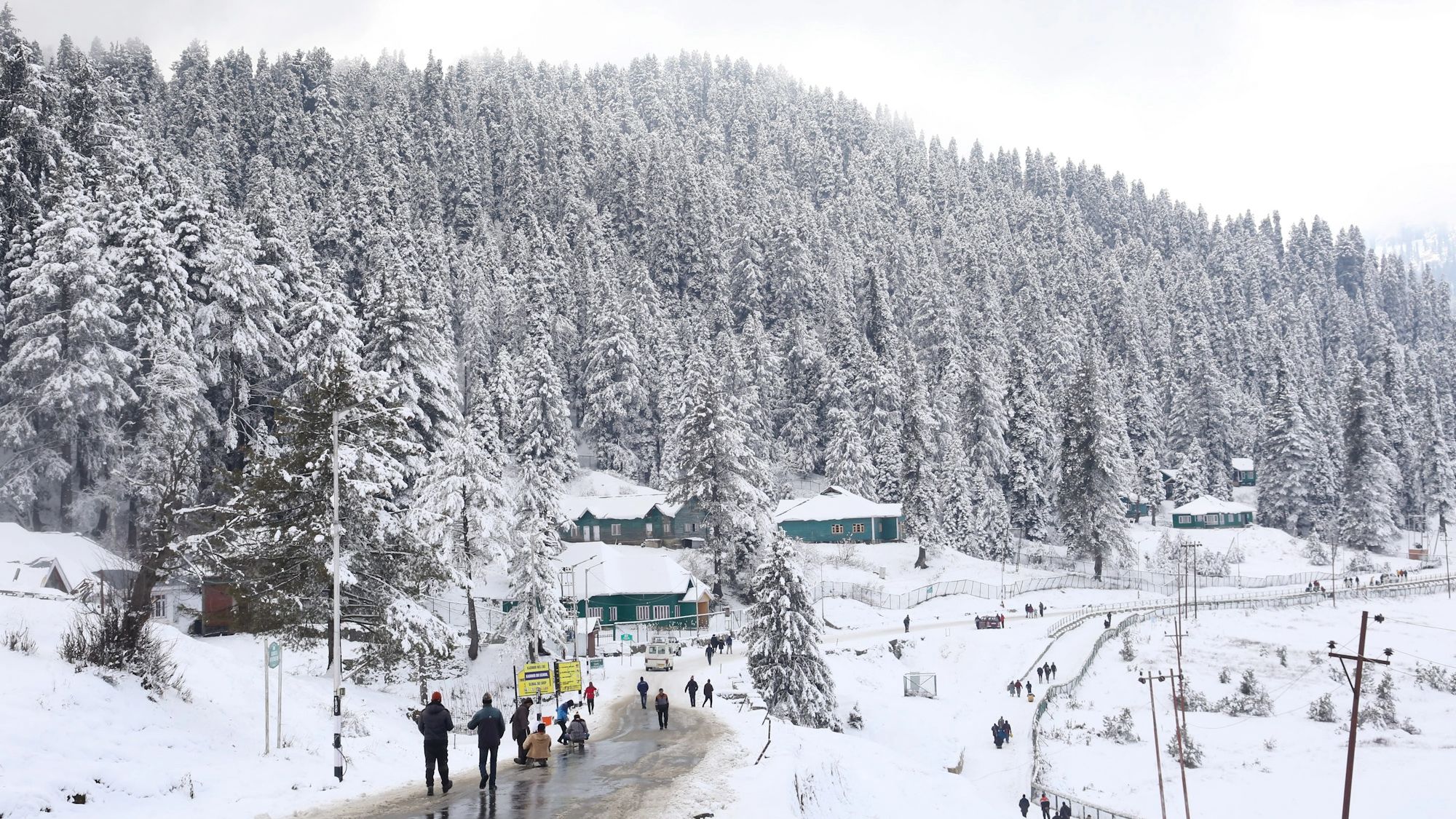 A general view of the snow covered famous ski-resort of Gulmarg after the fresh snowfall on December 07, 2021.