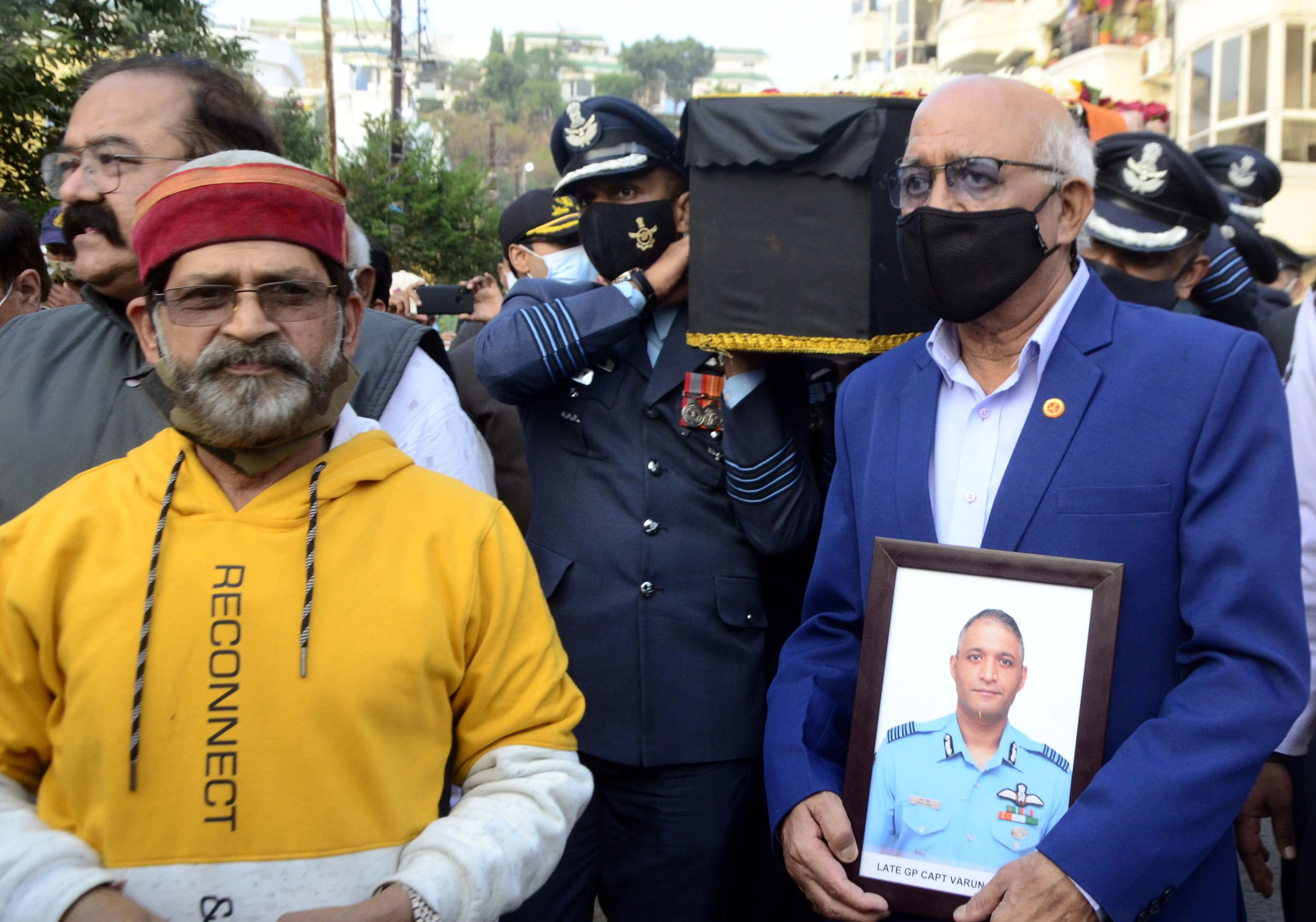 father of Group Captain Varun Singh in Bhopal, Thursday,