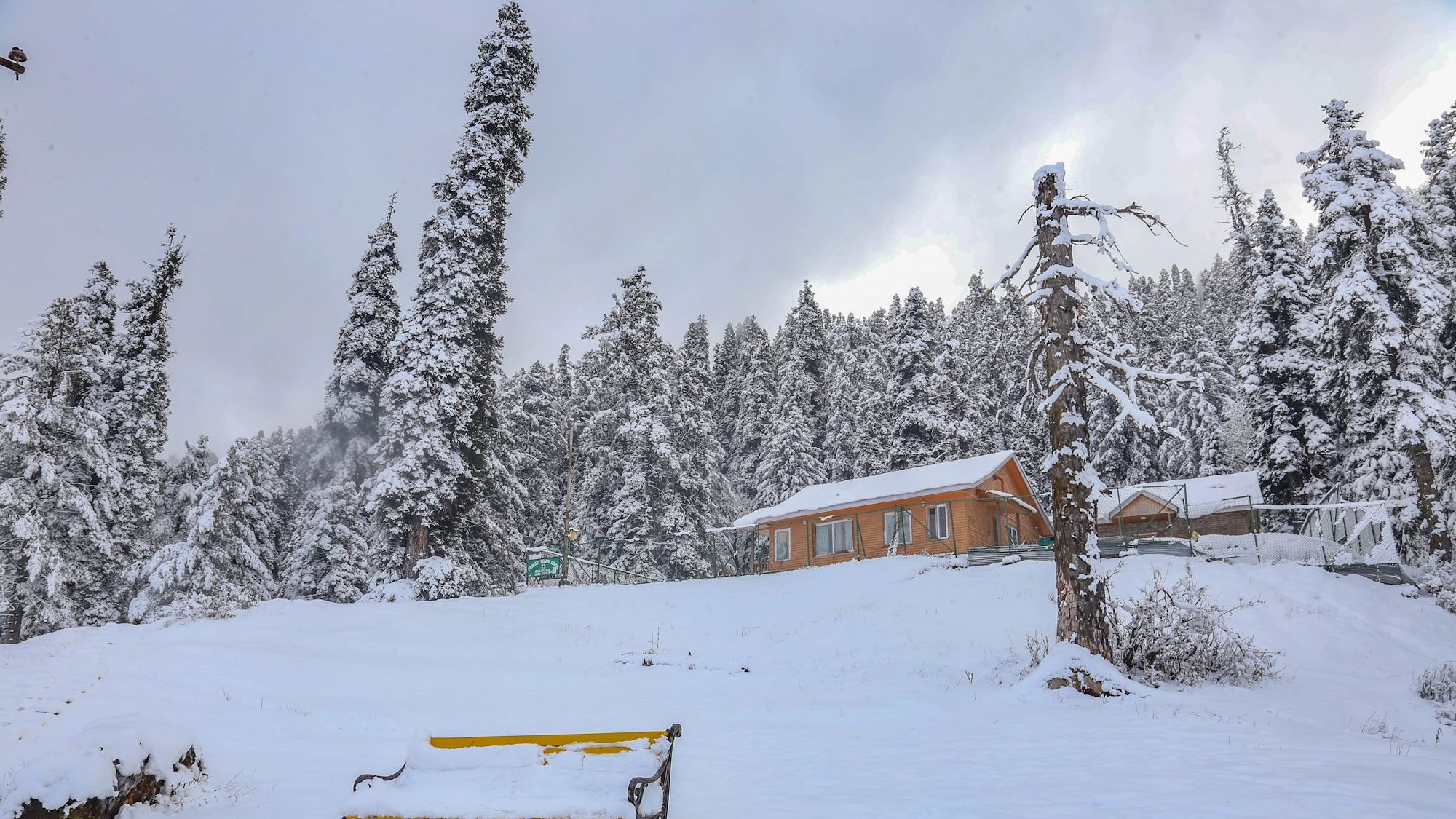 A view of a hut covered in snow during a sunny winter day at snow covered ski resort Gulmarg, Kashmir.