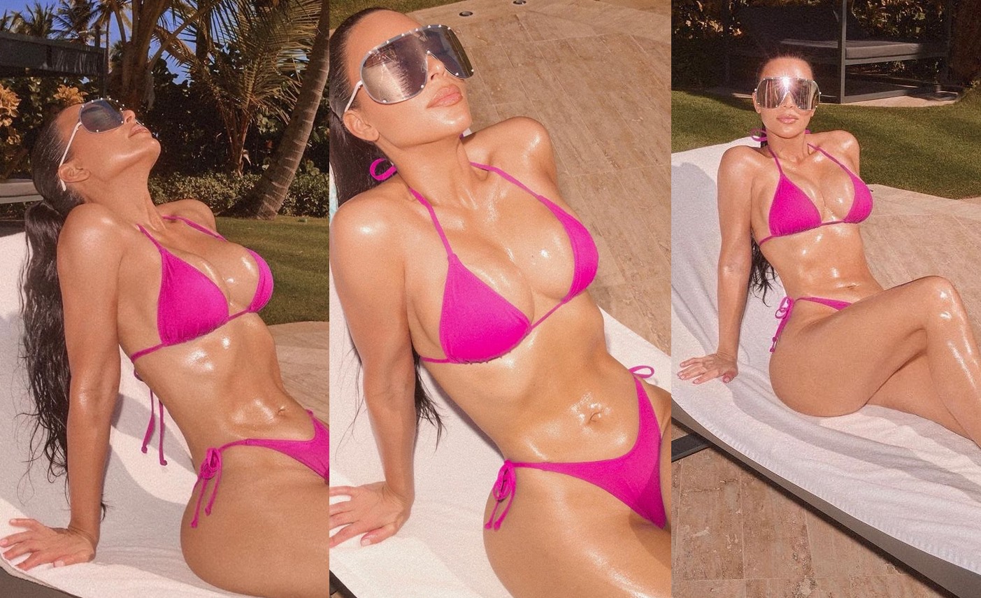 Sexy Kim Kardashian oils up her svelte figure to sunbathe in a skimpy bikini - Vimarsana News