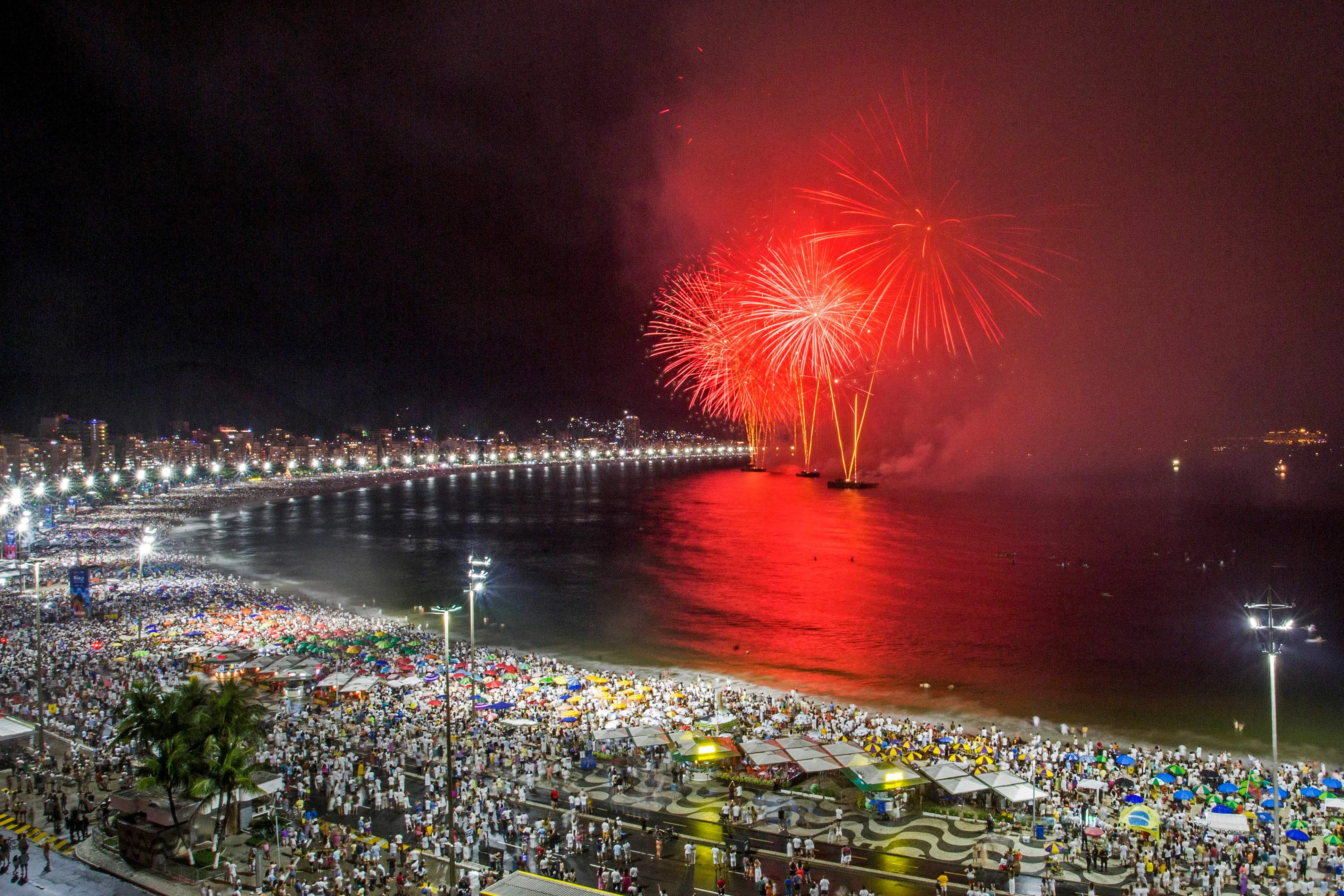 Fireworks go off on Copacabana beach to mark the New Year in Rio de Janeiro, Brazil on January 1, 2022.