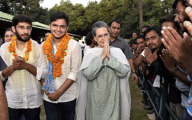 New Delhi: Congress president Sonia Gandhi with NSUI’s winning candidates Rocky Tusseed (President) and Kunal Sehrawat (Vice President) meet students after winning the DUSU 2017 elections in New Delhi on Wednesday. New Delhi: Congress president Sonia Gandhi with NSUI’s winning candidates Rocky Tusseed (President) and Kunal Sehrawat (Vice President) meet students after winning the DUSU 2017 elections in New Delhi on Wednesday. 
