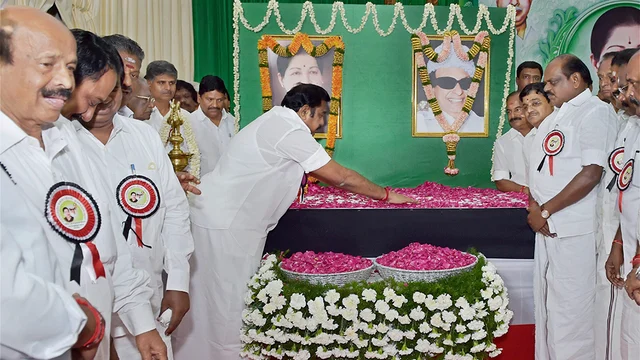 AIADMK senior leader and Chief Minister K Palaniswami paying floral tributes to late J Jayalalithaa and party founder MG Ramachandran at the party’s General Council and Executive Committee Meeting in Chennai. AIADMK senior leader and Chief Minister K Palaniswami paying floral tributes to late J Jayalalithaa and party founder MG Ramachandran at the party’s General Council and Executive Committee Meeting in Chennai.