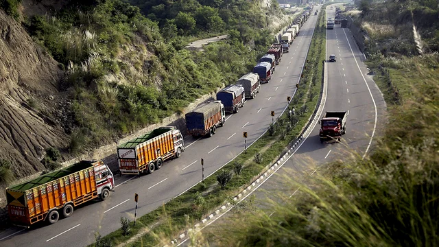 Trucks have been stopped on Jammu-Srinagar national highway on second day due to landslides at Samrolli in Jammu. Trucks have been stopped on Jammu-Srinagar national highway on second day due to landslides at Samrolli in Jammu.