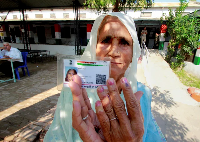 A voter showing her inked finger after casting her vote for by-election to the Gurdaspur Lok Sabha seat, in Pathankot A voter showing her inked finger after casting her vote for by-election to the Gurdaspur Lok Sabha seat, in Pathankot