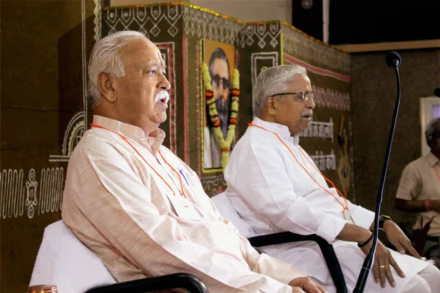 RSS chief Mohan Bhagwat with Sarkaryavah Suresh Bhaiyyaji Joshi during the inauguration of three-day RSS National Executive Meet in Bhopal. RSS chief Mohan Bhagwat with Sarkaryavah Suresh Bhaiyyaji Joshi during the inauguration of three-day RSS National Executive Meet in Bhopal.