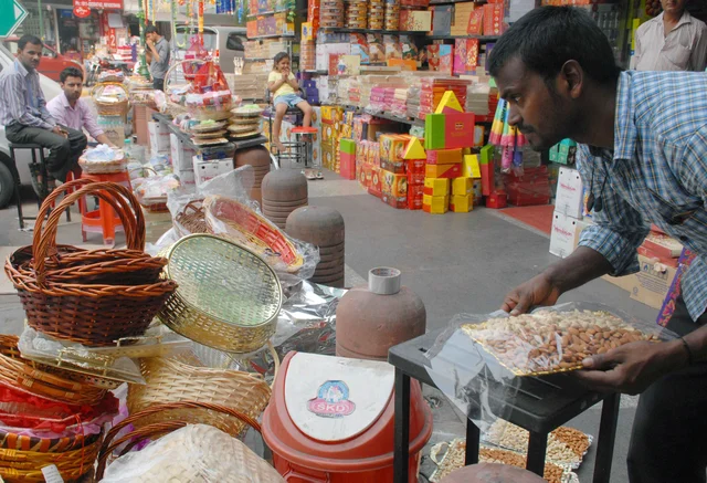 Dry fruits are being packed for Diwali at Bengali market in New Delhi. Dry fruits are being packed for Diwali at Bengali market in New Delhi.