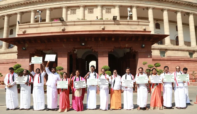 AIADMK MPs protest on Cauvery water dispute at Parliament House. AIADMK MPs protest on Cauvery water dispute at Parliament House.