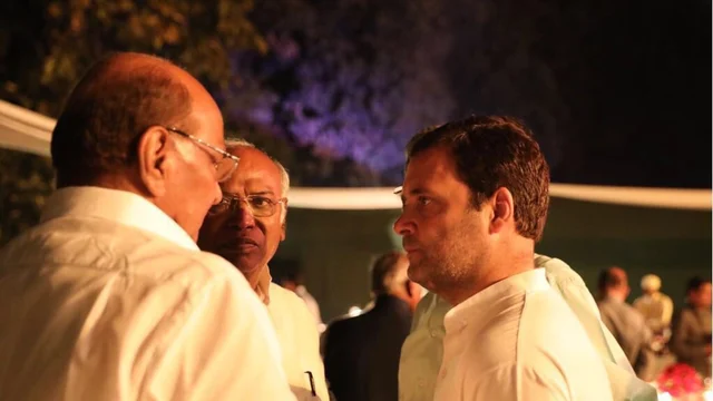 NCP President Sharad Pawar (left) speaks with Leader of Congress in Lok Sabha Mallikarjun Kharge (centre) and Congress President Rahul Gandhi at Sonia Gandhi’s dinner at her residence 10 Janpath in Delhi NCP President Sharad Pawar (left) speaks with Leader of Congress in Lok Sabha Mallikarjun Kharge (centre) and Congress President Rahul Gandhi at Sonia Gandhi’s dinner at her residence 10 Janpath in Delhi