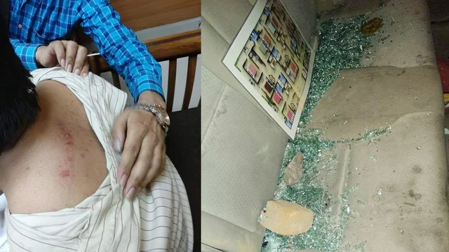 Injured former JNUSU President Mohit Pandey (left); The broken pieces of glass in the car Mohit was travelling in Injured former JNUSU President Mohit Pandey (left); The broken pieces of glass in the car Mohit was travelling in