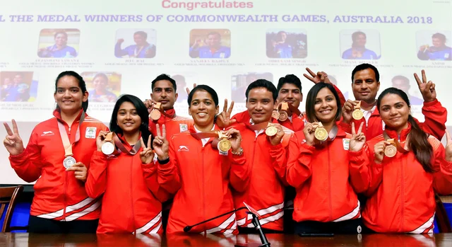 Tejaswini Sawant, Jitu Rai, Heena Sidhu and other Commonwealth Games medal winning shooters at a press conference in New Delhi Tejaswini Sawant, Jitu Rai, Heena Sidhu and other Commonwealth Games medal winning shooters at a press conference in New Delhi