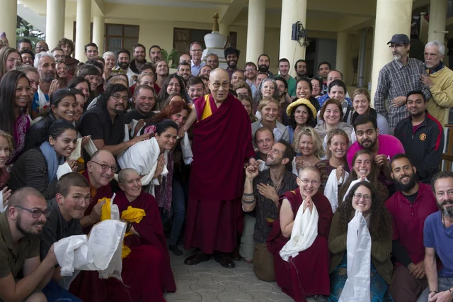 Tibetan spiritual leader Dalai Lama with his disciples at Tsugla Khang Temple in Dharamshala. Tibetan spiritual leader Dalai Lama with his disciples at Tsugla Khang Temple in Dharamshala.