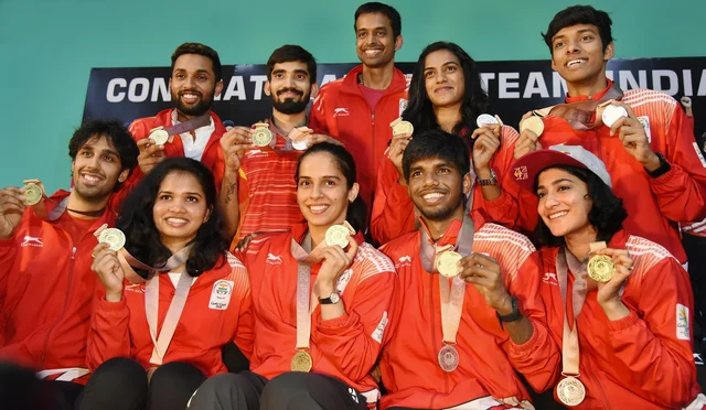 Shuttlers Saina Nehwal, Kidambi Srikanth, PV Sindhu and other players show their Commonwealth medals at a press conference in Hyderabad. Coach Pullela Gopichand is also seen Shuttlers Saina Nehwal, Kidambi Srikanth, PV Sindhu and other players show their Commonwealth medals at a press conference in Hyderabad. Coach Pullela Gopichand is also seen