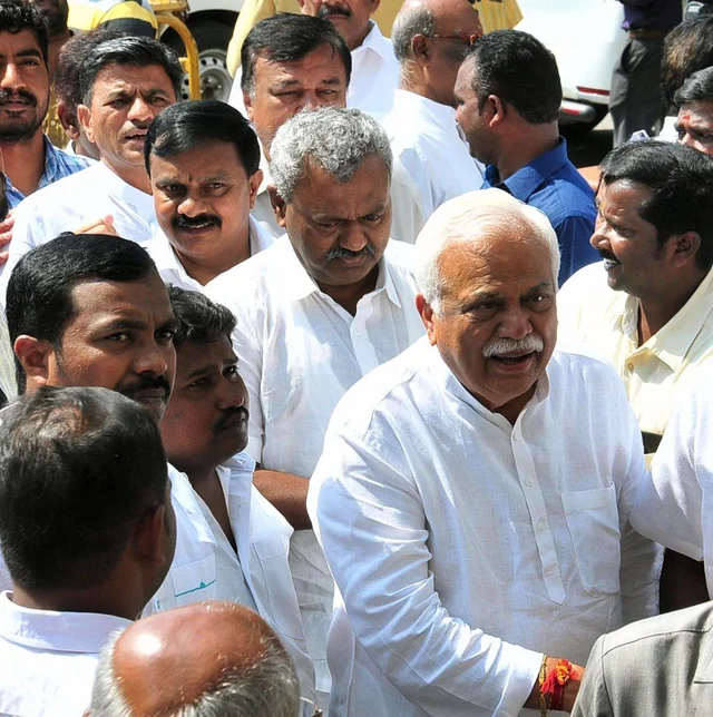 Congress leaders R. V. Deshpande and S.T Somashekar during the legislature party meeting at Raj Bhavan in Bengaluru. Congress leaders R. V. Deshpande and S.T Somashekar during the legislature party meeting at Raj Bhavan in Bengaluru.