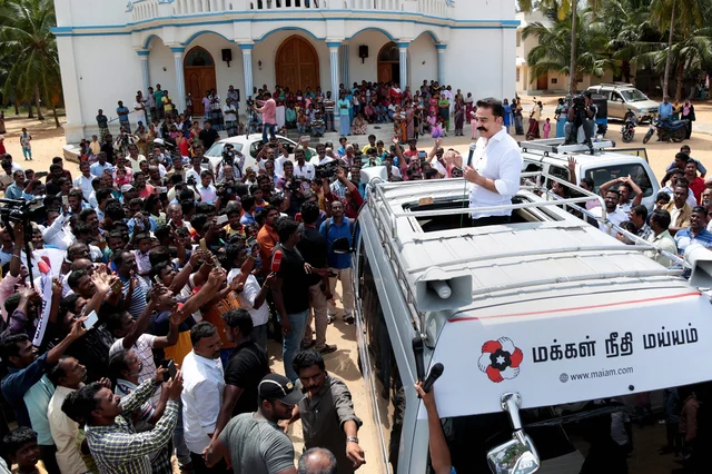 Makkal Needhi Maiam (MNM) President and actor Kamal Haasan addresses a rally in Kanyakumari on Wednesday Makkal Needhi Maiam (MNM) President and actor Kamal Haasan addresses a rally in Kanyakumari on Wednesday