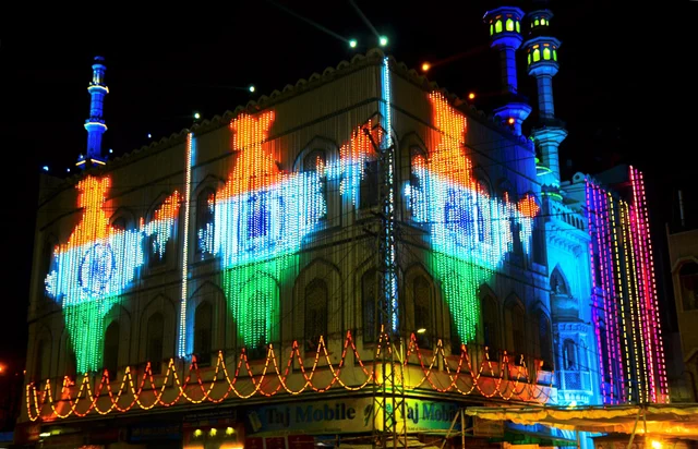 A mosque lit up with a map of India during the holy month of Ramadan, in Bhilwara, ahead of Eid al-Fitr. A mosque lit up with a map of India during the holy month of Ramadan, in Bhilwara, ahead of Eid al-Fitr.